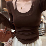 Pure Style Fake Two Long-Sleeved T-Shirt Girls Autumn Dress Inside The Bottom Shirt Design Sense Of Irregular Short Shirt