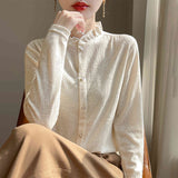 New Silk Velvet 2026 Spring And Summer New Women's Short Wooden Ear Half-High Tie Wnitted Shirt Knitted Bottom Shirt Top