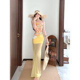 Holiday Style Suit Women's Summer Dopamine Beauty Temperament Yellow Print Blouse Mesh Yarn Bag Hip Skirt