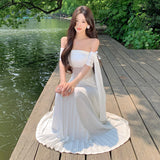 French Seaside Holiday Dress Summer Senior Name-To-Shoulder Lace Splicing Breast Dress Dress Dress Dress Woman