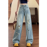 Designing Light Blue To Make Old Ripped Jeans Women's Summer High Street Broad-Legged Trousers Cool Breeze Straight Trousers