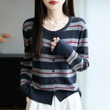 Fine-Woven Wool 2026 Autumn And Winter New Lady Loose Round Collar Striped Embroidered Short Knitted Open Shirt Jacket