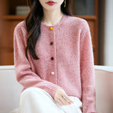 100% Pure Wool 2026 Autumn And Winter New Women's Loose Round Collar Color Buckle Thick Knitted Cardigan Jacket