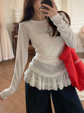 Ballet Style Lace Lace Under The Bottom Of The Bottom Shirt Women's Spring Spring New Fat Mm Folded Clothes Thin Long Sleeves T-Shirt