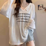 Medium-Long V-Neck Hooded Thin Hoodie Women's Summer 2025 New Loose Long-Sleeved T-Shirt On The Shoulder