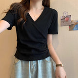 V-Neck Shoulder Short-Sleeved T-Shirt Girl 2025 Summer Small Korean Version Of The Thin-Skinny Design Top