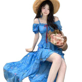 French Temperament Seaside Resort Dress Women's Summer 2025 New Blue Floral Irregular Design Long Dress