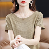Tiansi 2026 Spring And Summer Women's New Lady Loose Temperament Beads Short-Sleeved T-Shirt Bottom Knitted Half-Sleeved Top