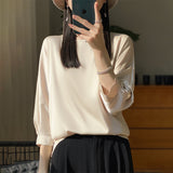 Silk Satin 2026 Spring And Summer Women's New Round Collar Loose Temperament T-Shirt Seven-Sleeve Solid Color Simple Match Cloth