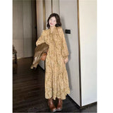 2026 Spring And Autumn New Korean Temperament Shown Slimming Old Dress French Vintage Wood Ears Broken Flower Dress Woman