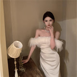 Hepburn Style French High-End Shoulder Dress Women's Autumn And Winter New Feathers And Thirpth Evening Dress