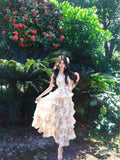 Morning Dew Ceew Garden French Holiday Style Print Hanging Neck Chiffon Cake Dress Girl Crumumid Flowers Show Thin Dress