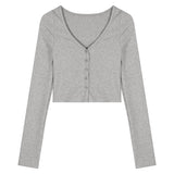 Spice Girls V Collar Long-Sleeved T-Shirt Women's Spring Gray Tight Retro Design Feeling Bm Style Short Sun Protection Shirt Top