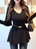 Fat MM Black V-Neck Waist T-Shirt Women's Autumn And Winter New Long Sleeves Threum Thin Tops Winter Japanese Korean Retro Wear