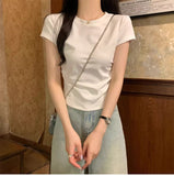 Summer 2025 Shoulder T-Shirt Women To Folded Short Sleeves Irregular Sweet Spicy Thin Little Man Round Collar Short Top