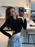 Sexy Lumen Hollow Slimmed-Up Girlins Slimming Design Reveals Short Umbilly Blouse Long-Sleeved Bottom Shirt