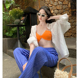 High-Rise Broad Leg Trousers Women's Seaside Vacation Sexy Bumpy Wear Lazy Trousers Blue Striped Pants