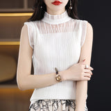 Fine-Woven Wool 2026 Spring And Summer Women's New Short Repair Body Half-High Collar Wood Ear Lace With Knitted Sleeveless Vest