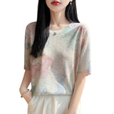 Bamboo Syringe 2026 Spring And Summer Women's New High-End Water-Soluble Printing Round Collar Knitting Short-Sleeved Loose Thin T-Shirt