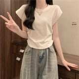 Positive Shoulder Short-Sleeved T-Shirt Women's Summer 2025 New Hong Kong Flavor Ins Style Slimming Small Flying Sleeve Short Top