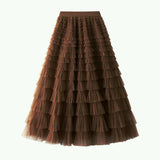 Net Yarn Lotus Leaf Side Temperament Skirt Women's Dress 2025 Spring And Autumn New Famous Woman Long Dress Thin Cake Skirt 2210
