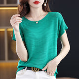 Tiansi 2026 Spring And Summer Women's New Lady Loose Temperament Beads Short-Sleeved T-Shirt Bottom Knitted Half-Sleeved Top