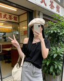 Lazy Wind Out Of The Shoulder Short-Sleeved T-Shirts In The Summer Pure Babes Design Sense Of A Small Loose Collar On The Shoulder