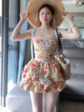 [Removable Shoulder Strap With Anti-Slip Strip] French Beautiful Flower Princess Short Dress Summer New Floral Rib Dress