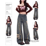 Vintage Side Zip-And-Rhair Straight Jeans Women's Spring And Summer Trend New Butterfly Sticker Drag Trousers