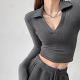 Hottie Sexy V-Neck Thin Bottom Shirt 2026 Early Autumn Solid Sleeve Polo Shirt In Tide T-Shirt