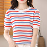 Ice Silk 2026 Spring And Summer Women's New Short Loose Round Collar Small Fresh Hollow Striped T-Shirt Knitted Shirt Short Sleeves