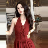 French Holiday Wind Red Bare Back Sexy Sleeveless Sleeve-Less Dress Spring And Summer Show Thin Fairy Breath Waist Dress New
