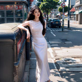 Net Yarn Denight Spliced Oblique Shoulder Dress Femininity Slime-Skinny Ass Vacation High-End Sling Skirt