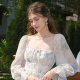 Fang Collar Tea Break French Thin Dress Girl Spring And Summer Hanging Neck Fairy Floral Dress Seaside Vacation Dress
