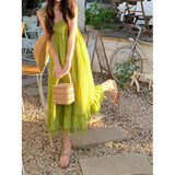 Bohemian Two-Piece Green Tuxedo Sleeveless Sling Dress Woman Summer Dopamine Skirt