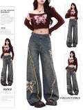 Vintage Side Zip-And-Rhair Straight Jeans Women's Spring And Summer Trend New Butterfly Sticker Drag Trousers