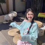 Cute Cat Prints Slanted Shoulder Long-Sleeved T-Shirt For Spring And Summer New Thin Loose Sunscreen Hoodie Casual Top