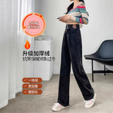 Covered With Velvet Broad-Legged Jeans Women's Autumn And Winter Rough Legs Wide Hooded Black Gray High-Waisted Straight Trousers