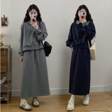 Large-Size Gray Fake Two-Piece Jacket Half-Dress Two Sets Of Women's Autumn And Winter Fat Mm Thin Meat Casual Skirt Set