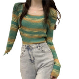 Crash Striped Long-Sleeved Knitted Shirt Women Autumn Design Sense Of Small Slim Slimming Short Chic On The Dress