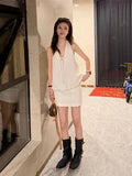 Korean Design Feels White Vneck Hanging Neck Sleeveless Top Woman 2026 New Summer Set Hip Skirt