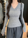 Spice Girls Black V-Neck Long-Sleeved Knitted Bottom Shirt Women In Autumn Sweater To Collect Thin Tops