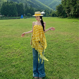 Sichuan Tourism Lace Splicing Yellow High-Waist Irregular Dress Women's Summer Design Sense Niche Holiday Style Dress