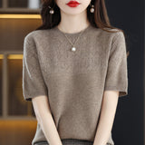 Wool Blending 2026 Autumn And Winter New Women's Round Collar Collar Drawing Solid Color Hollow Top Five-Sleeve Knitted Shirt