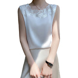 Silk Satin 2026 Spring And Summer New Women's Rounded Sleeveless Vest T-Shirt Mesh Spliced Tops And Bottom Shirts