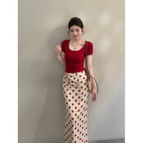 2026 Summer New Retro Port Storm Red Short-Sleeved Top With Casual Slimming Skirt Two-Piece Set