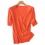 Ice Silk Breathable 2026 Spring And Summer New Women V Neck Thin Top Five-Sleeve Sleeve Sleeves Pure Color Temperament Knitted Shirt