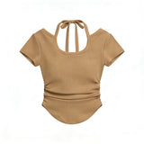 Spice Girls Irregularly Hanging Neck Short-Sleeved T-Shirt Girl Summer Slimming Short Folding Top