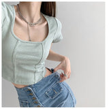Vintage Three-Dimensional Fish Bone Line Repair Bottom Shirt Square Collar Collar Collar Collar Short-Sleeved T-Shirt Exposed Umbilled Short Top In Tide