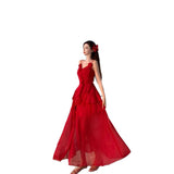 French Beautiful Irregular Lotus Leaf Side Red Sling Dress Female Summer Seaside Atmosphere Temperament Dress